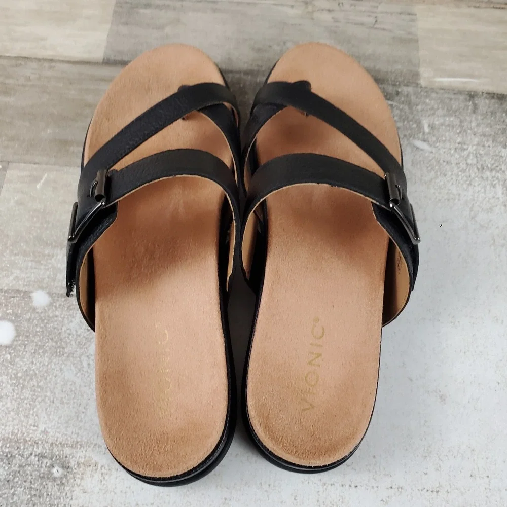 Vionic Carmela Womens Strappy Slide Sandals Sz 9 M Black Leather Toe Post Loop